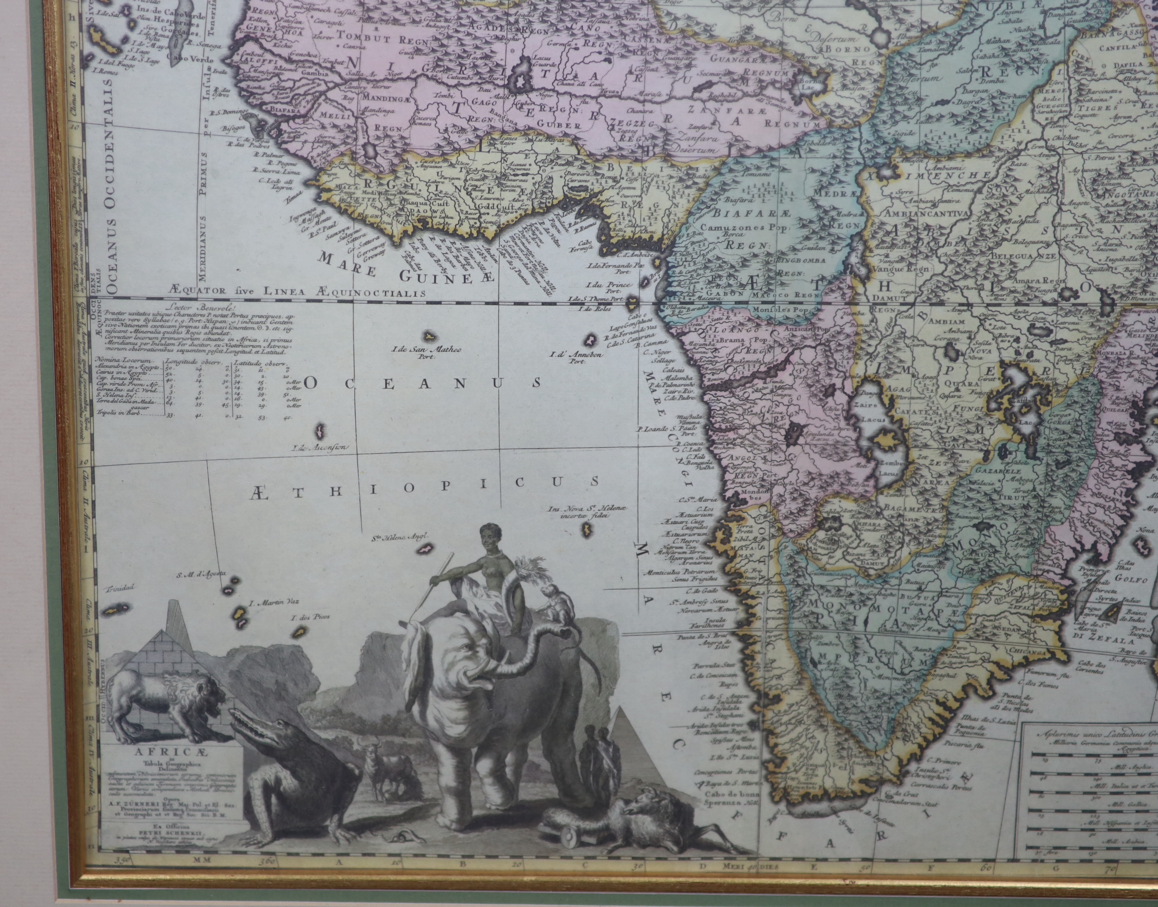 A.F. Zürner, coloured engraving, Map of Africae in Tabula Geographica Delineatio, published by Petrus Schenk, 40 x 47cm
